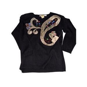 Vintage 1990s Leau Vive black sweater with shoulder pads sequence y2k